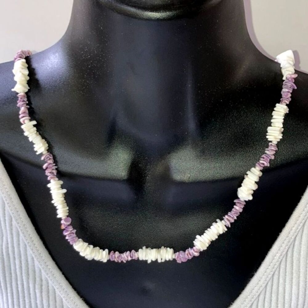 PUKA SHELL Necklace White Purple Metal Barrel Clasp Unisex Men Women 24 inches